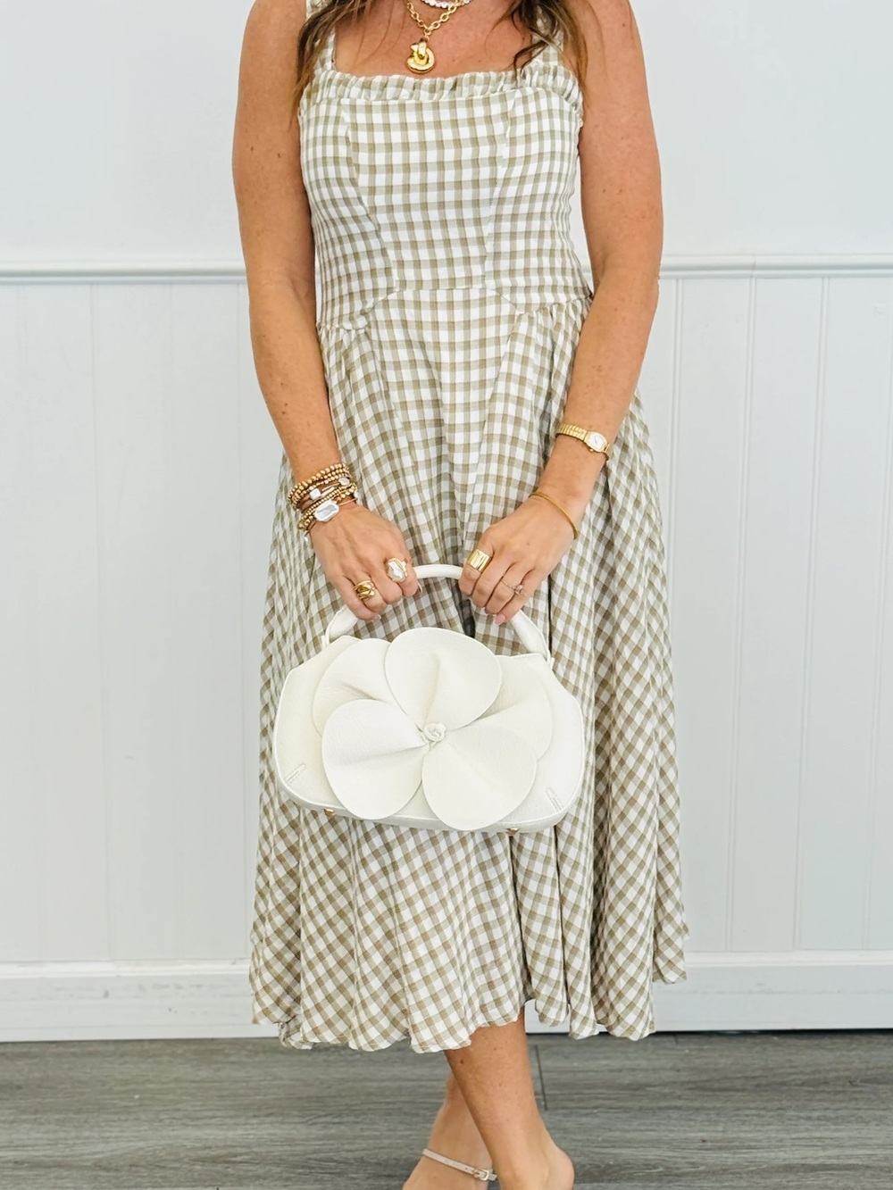 BucketList Smocked Square-Neck Gingham Midi Dress in Taupe